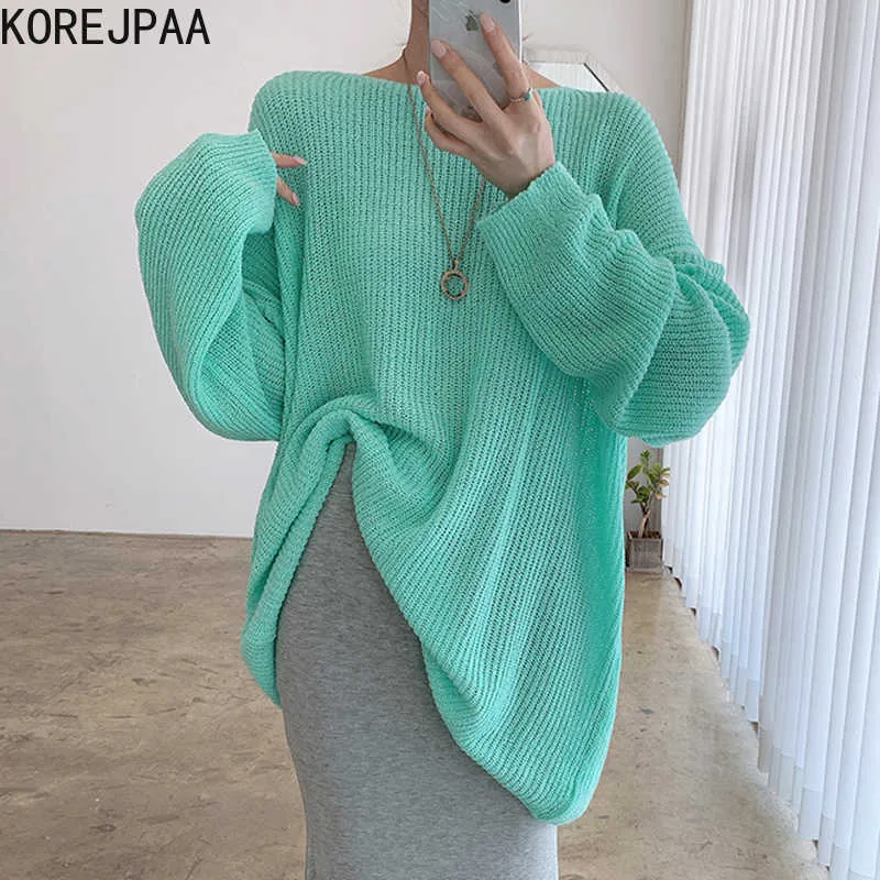 Korejpaa Women Sweater Summer Korean Chic Simple Lazy Style Candy Color Long-Sleeved Thick Needle Anti-Sei Knit Pullover 210526