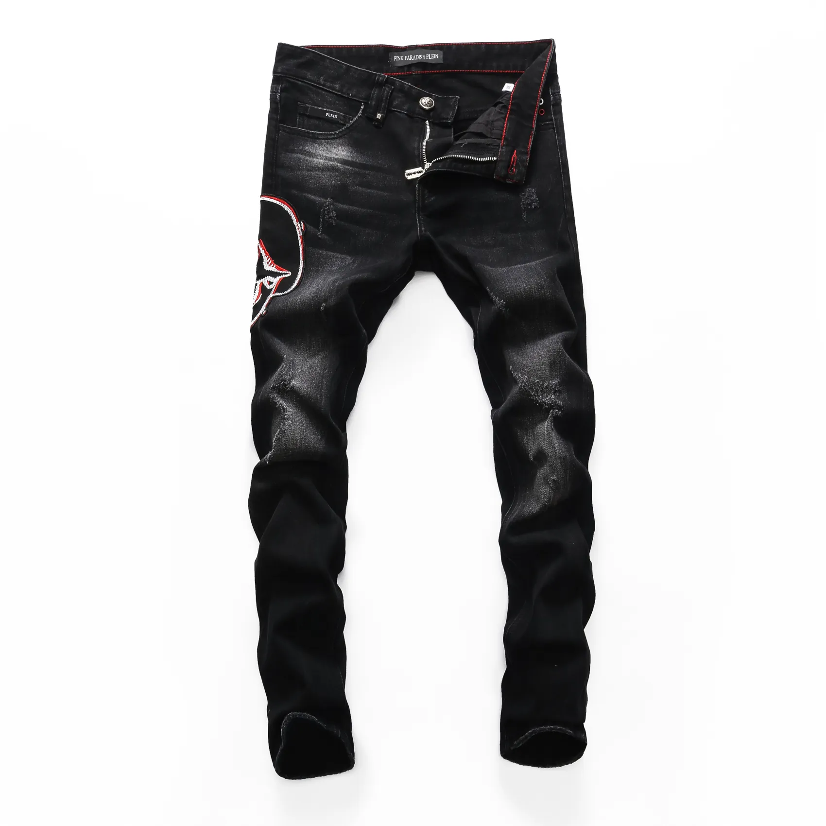 PINK PARADISE PLEIN Classic Fashion Man Jeans Rock Moto Mens Casual Design Ripped Jeans Distressed Skinny Denim Biker PLEIN Jeans Black 157490