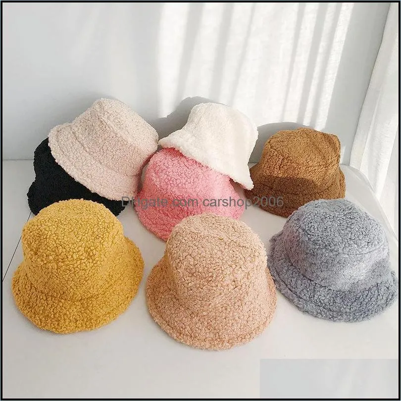 Lamb Wool Letter Women Solid Color Fisherman`s Hat Autumn Bucket Cap For Ladies Keep Warm Casual Female Flat Top Wide Brim Hats