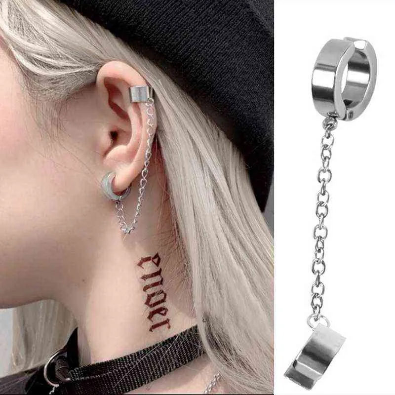 1 PC Titanium Steel Ear Cuff Clip Dangle Drop Łańcuch Kolczyki Dla Mężczyzn Kobiety Punk Rock Goth Cool Hip Hop Kpop Kolczyk Biżuteria Nastolatki G220312