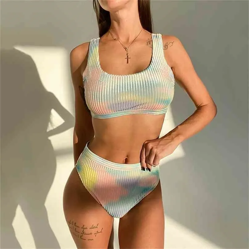 Tie Dye Hög midja Bikinis Sexiga Kvinnor Baddräkt Badkläder Kvinna Brasiliansk Bikini Set Biquini Baddräkt 210702