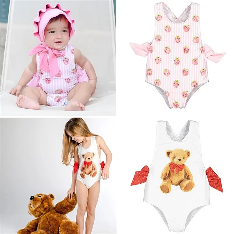 Beautiful Toddler Girl Swimming Suit Swim Wear Brand Children Strawberry Bear Pattern Bow Tie Swimsuit Kids Fashion Beach 210619