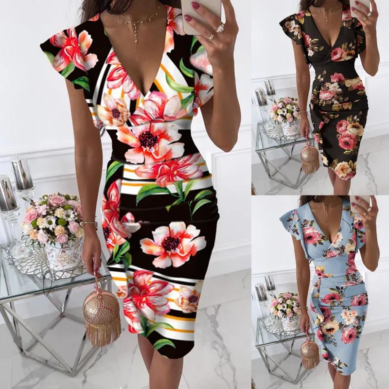 Ethnic Clothing Sexy Women Sleeveless V-neck Flowers Printing Midi Prom Dresses Ruffle Hem Ruched Bodycon Dress Vestidos De Noche Robe Femme