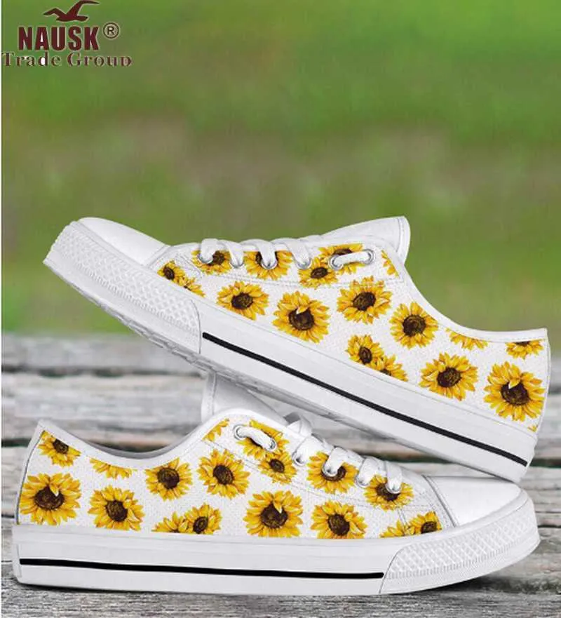 Casual Platte Dames Schoenen Vrouw Geel Bloemen Merk Ontwerp Zonnebloem Print Klassieke Witte Vulcaniseer Canvas Vrouwelijke Schoen Y0907