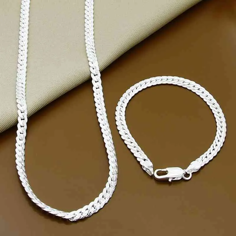 925 Silver Set 2 Pieces 6mm Bracelet Necklace Men And Women Fashion Jewelry Chain Link Wedding Gift