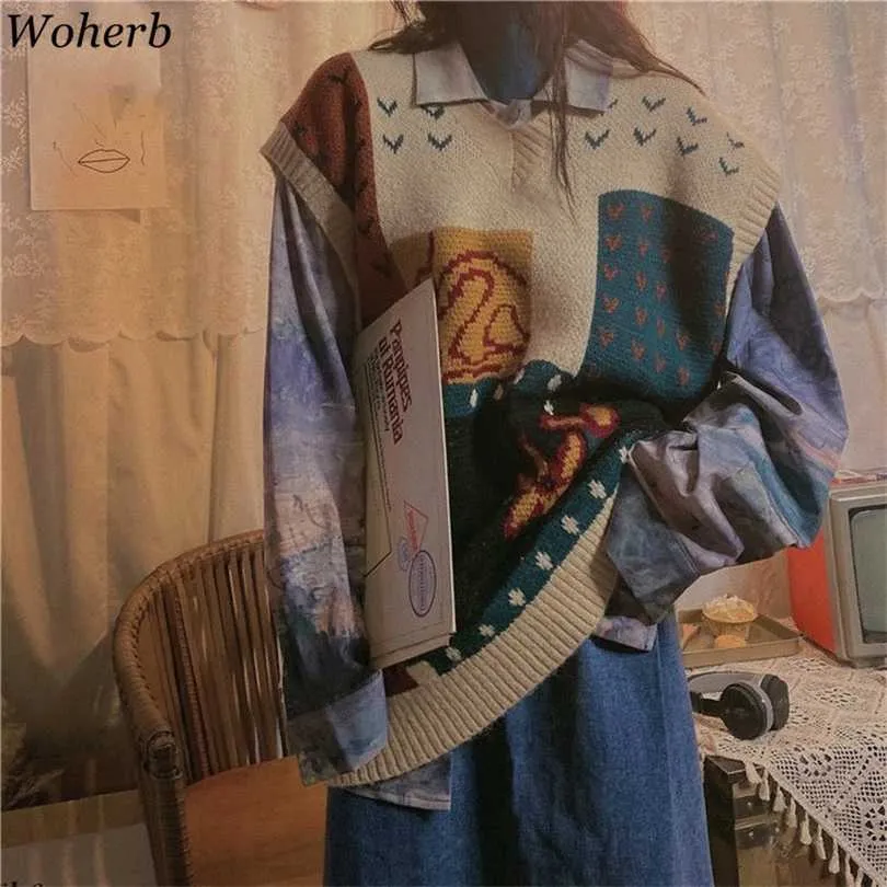 Woherb kvinnor harajuku tröja väst höst koreansk stil vintage tryckta v nacke ärmlös pullovers stickade kvinna tröjor 211018
