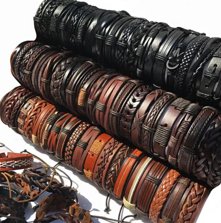 100pcs Lots Mixed Style Genuine Leather Mens Womens Surfer Bracelet Cuff Wristband Fashion Jewelry