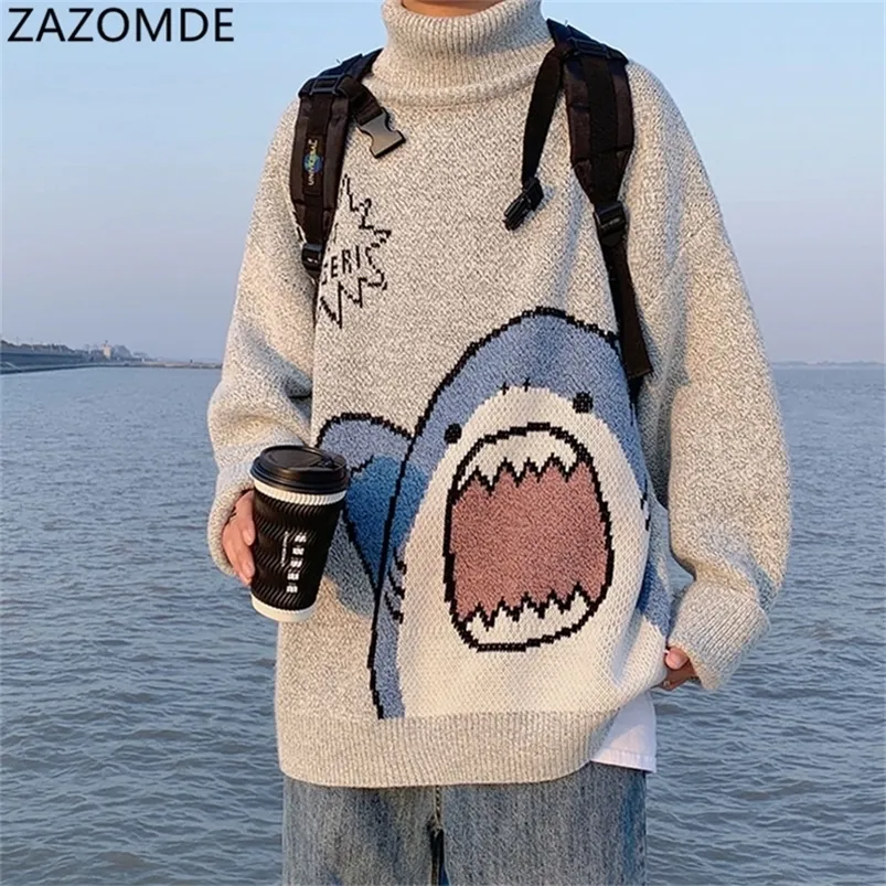 ZAZOMDE Herr Turtlenecks Shark Sweater Herr Vinter Patchwor Harajuku Koreansk stil High Neck Oversized Grå Turtleneck För Herr 220303