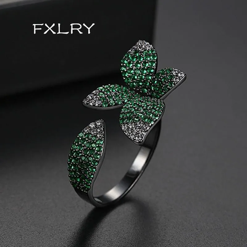 Kluster ringar Fxlry Elegant Unik Design Pave Inställning CZ Rose Flower Open Justerbar Big Leaf för Kvinnor Fashion Finger Tillbehör