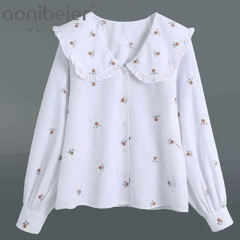 Spring Women Flower Embroidery Peter Pan Collar Shirt Female Long Sleeve Blouse Casual Lady Loose Tops Blusas Cute 210604