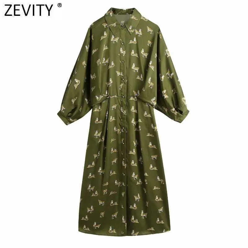 Zevity Femmes vintage Animal Imprimé Batwing Sleeve Une robe de chemise de ligne femelle Tiger Match Casual Slim Kimono Vestidos DS5070 210603