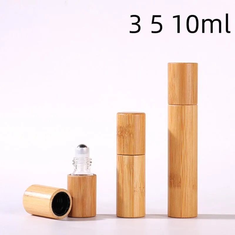 Limpar rolo na garrafa de vidro 3ml 5ml 10ml para fragrâncias cosméticas Garrafas de óleo essencial com tampa de bambu de bola de rolos de aço