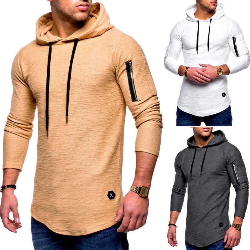 Autumn And Winter Men's O-neck T-shirts Hooded Solid Long Sleeve T-shirt men zipper Arc Hem Male Clothing Tops Gyms Tee 210603