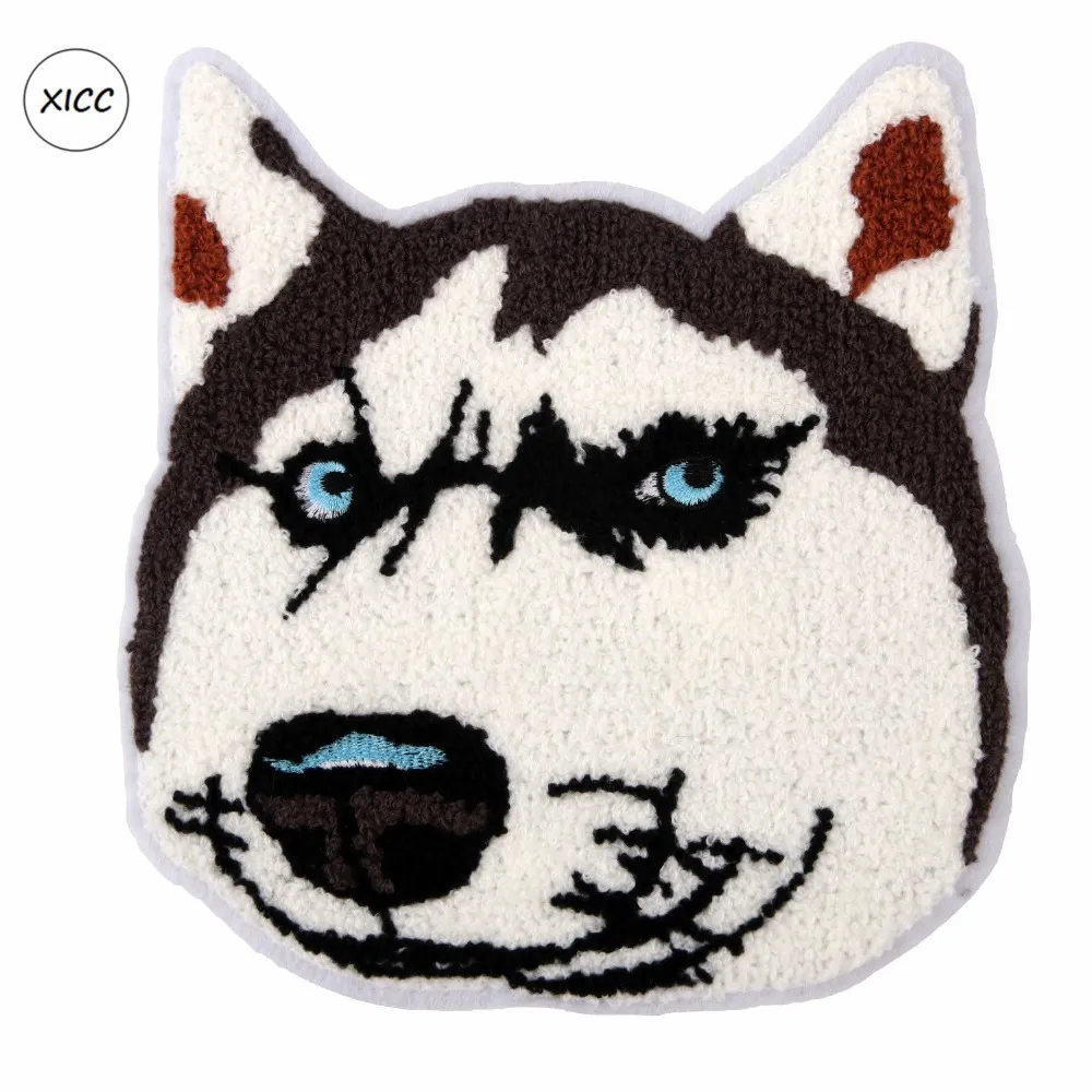 Big Size Towel Embroidery Fabric Cartoon Dog Chenille Patch Custom Sew on Sticker Super Cool Husky Patchwork Appliques for Clothing Bag