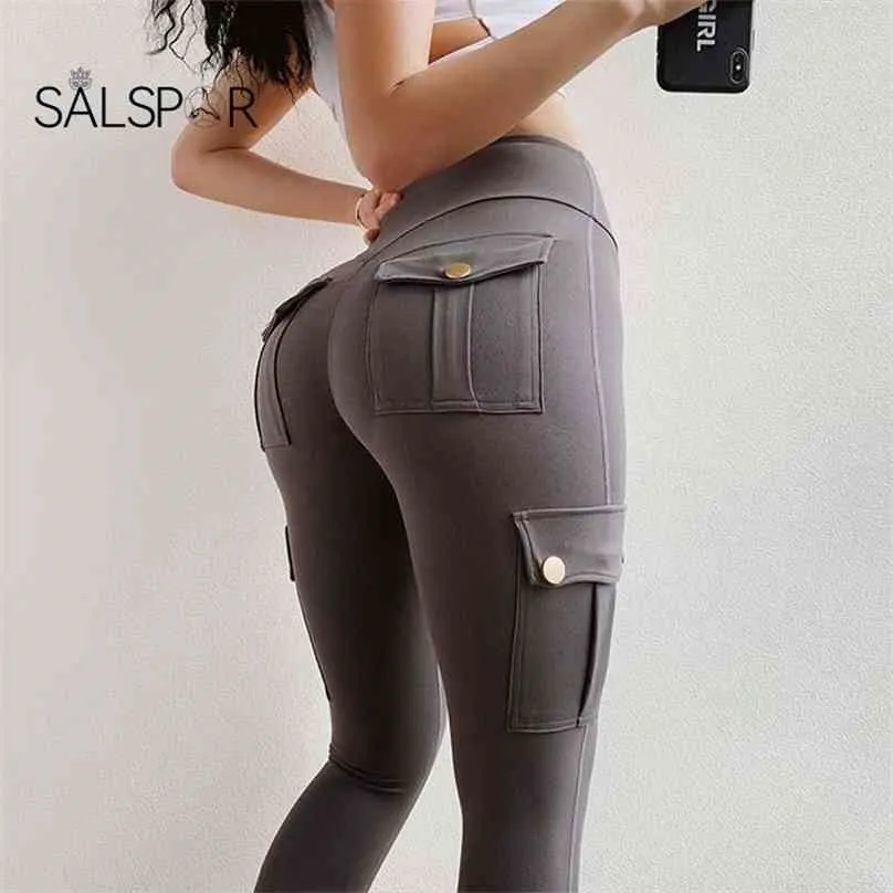 Salspor kvinnor Leggings Fitness Sport Hög midja Leggins Pocket Push Up Pants Workout Cargo Casual Hip Pop 210925