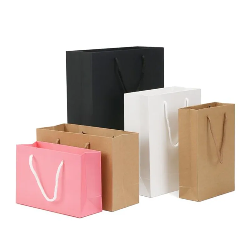 Sacs cadeaux en papier portables avec poignée, sac de courses Kraft noir marron rose blanc, pochette d'emballage de détail Recyclable 4 couleurs