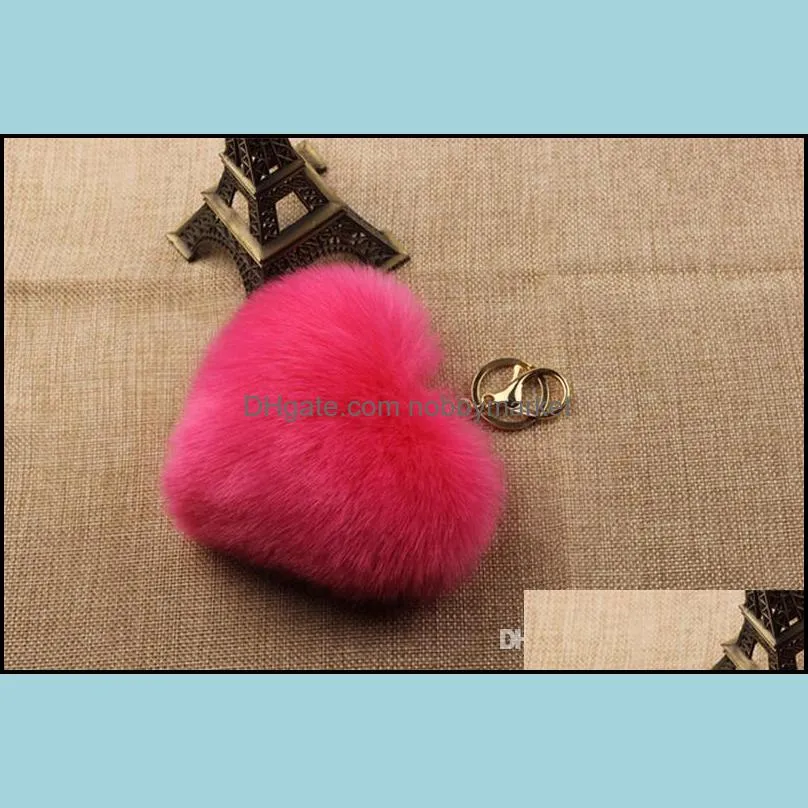 New Fashion Faux Rex Rabbit Fur Pom Pom Heart Key Chain Woman Bag Charms Man Trinket Car Keychain Women Key Ring Jewelry Keyring