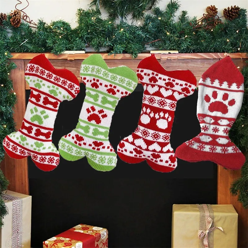 Bas de noël en forme d'os, chaussettes tricotées en forme d'os, porte-cadeaux pour enfants, sac à bonbons pour la maison, décor d'arbre de noël