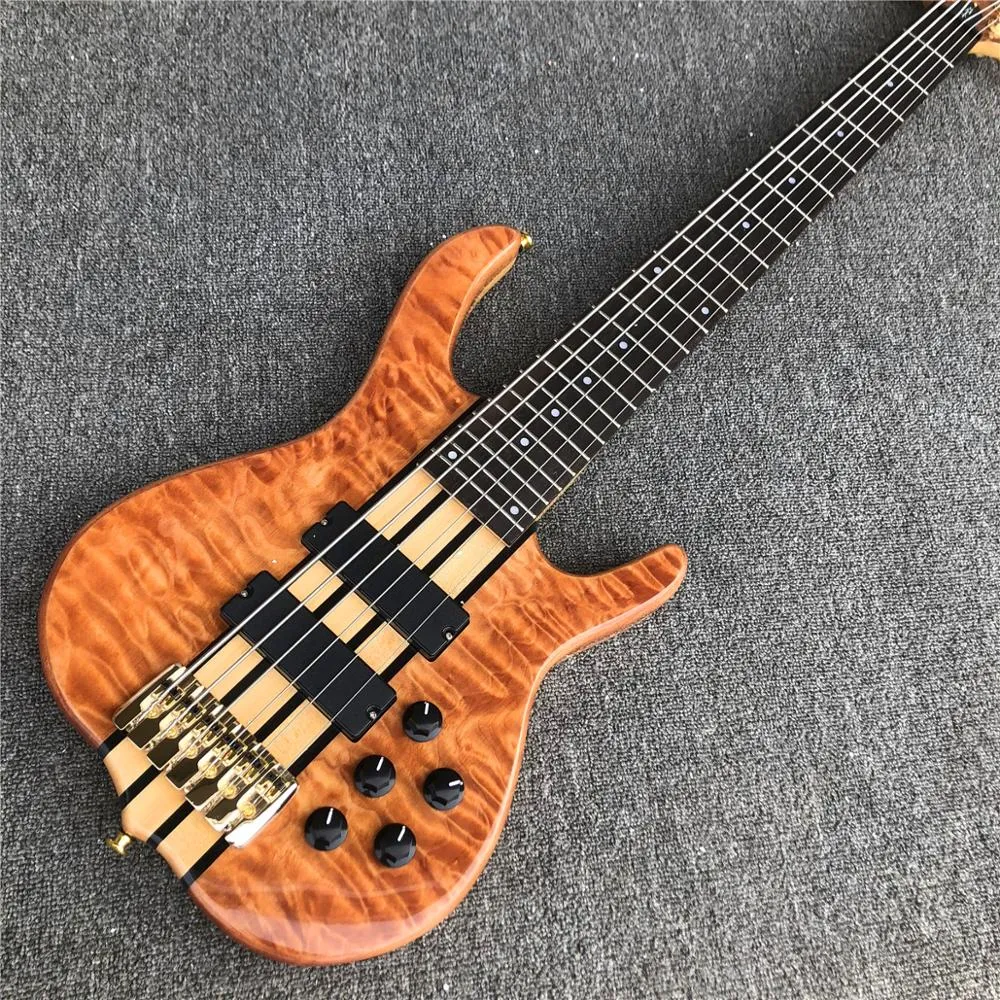 DHgate Free Shipping Ken Smith 6 Strings Natural Quilted Maple Top Electric Bass Gutiar Rosewood Maple Sandwich Neck 9V Battery Box Musical Instruments