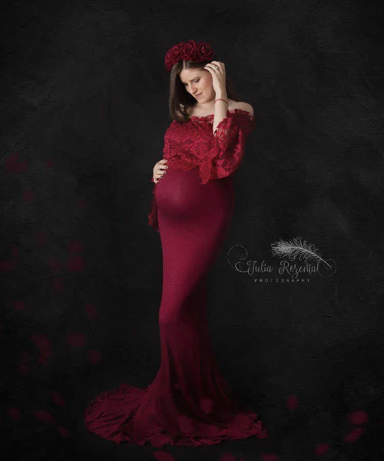 Fancy Lace Top Maternity Fotografia Rekwizyty Sukienki Dla Kobiet w ciąży Odzież Dresses Maternity Sukienki na zdjęcie Smoking ciąży Q0713