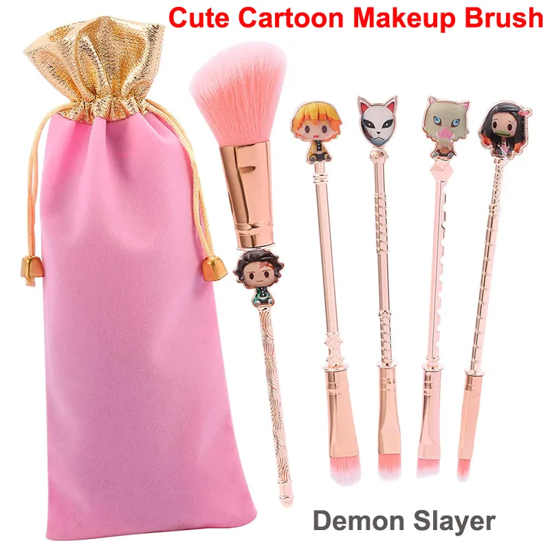 5pcs Cute Demon Slayer Makeup Brushes Cartoon Kamado Tanjirou Anime Metal Cosmetic Brush Set For Face and Lips Eyeshadow Concealer Foundation Blusher
