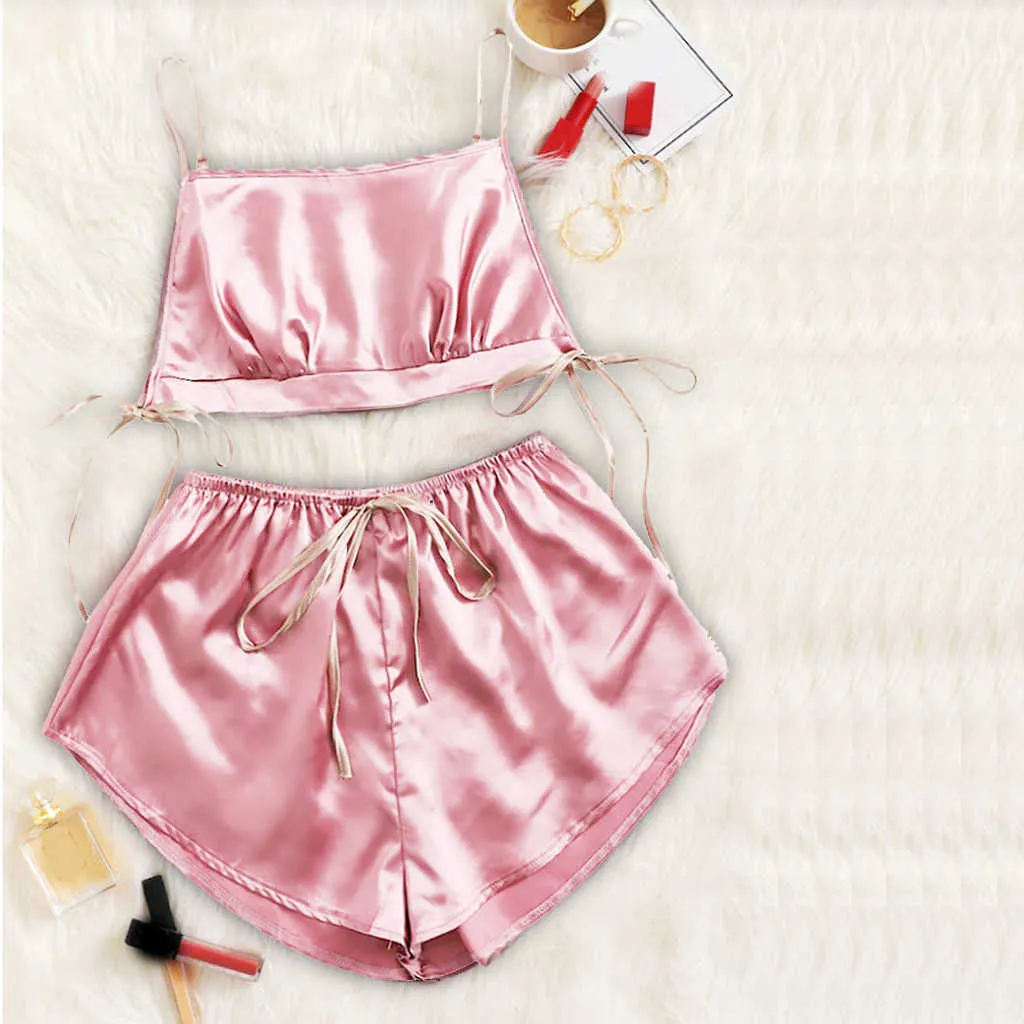 Women Sexy Lingerie Set Lace Crop Top Shorts Pajamas Set Sleepwear Satin Pijama Nightwear Pyjama Night Suit Female Sleep Wear Q0706