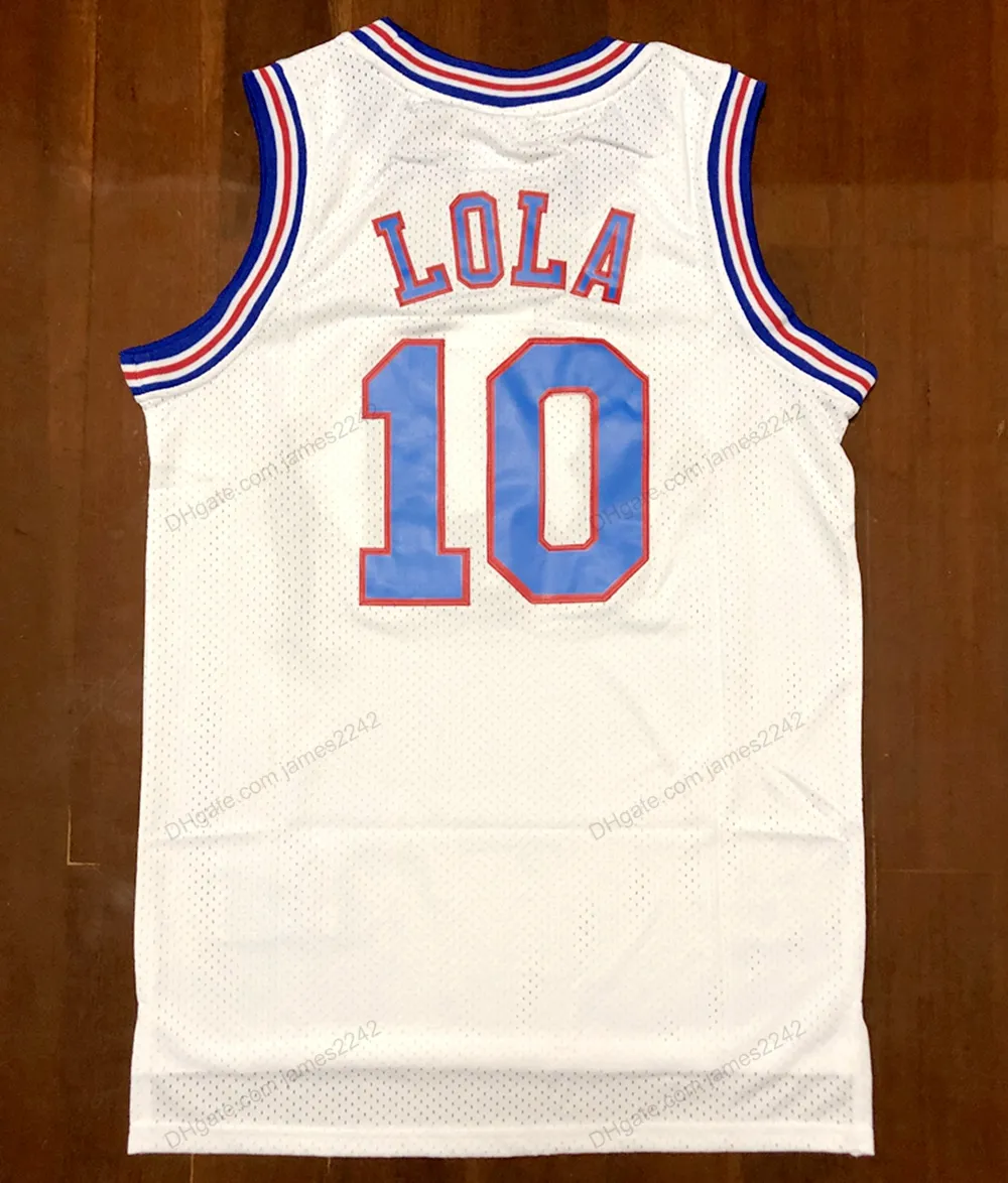 Navio de US Lola # 10 Tune Squad Squad Jam Basketball Jersey Filme Masculino All Stitched White Jerseys Tamanho S-3XL Qualidade superior