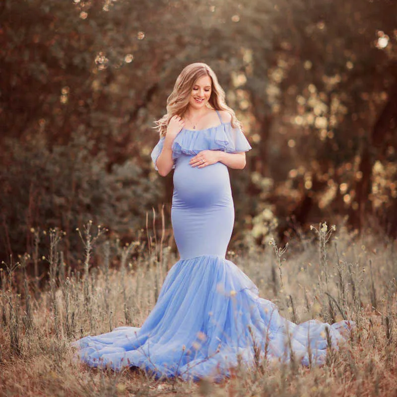 white christmas dresses Plus Size Chiffon Double Skirt Off-Shoulder Sheer Maternity Dress main image 1