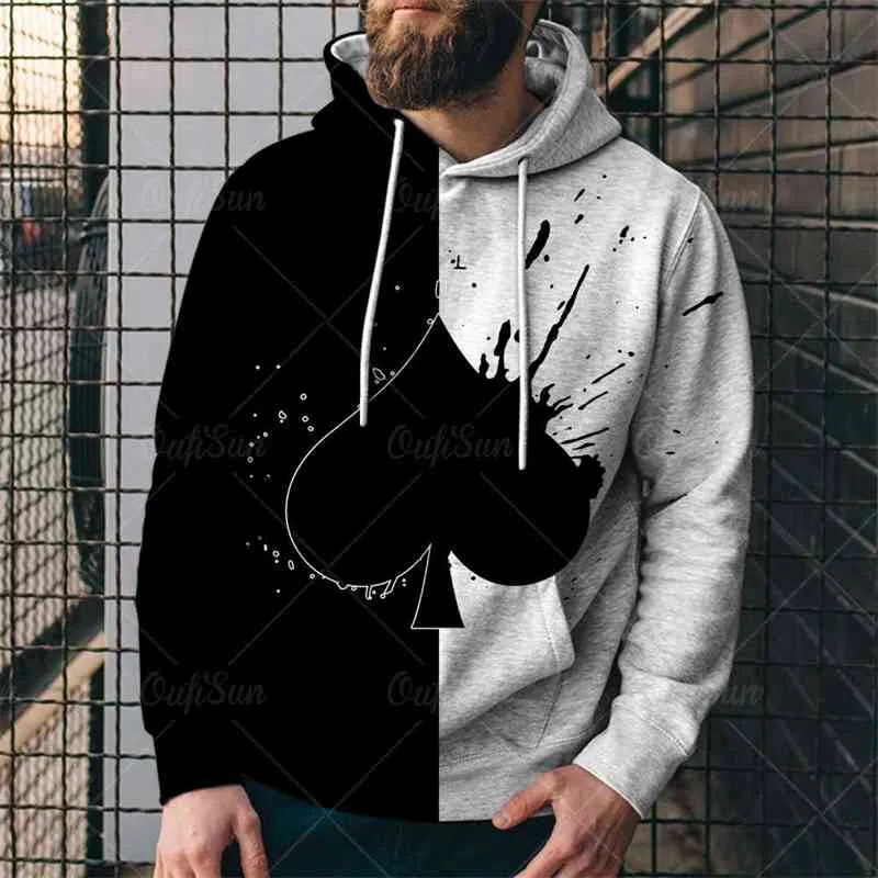 Modieuze Aas van Spades Speelkaart Patroon 3D Printing Mannelijke / Vrouwelijke Universele 2021 Lente en Herfst Nieuwe Hoodie Oversized 4XL