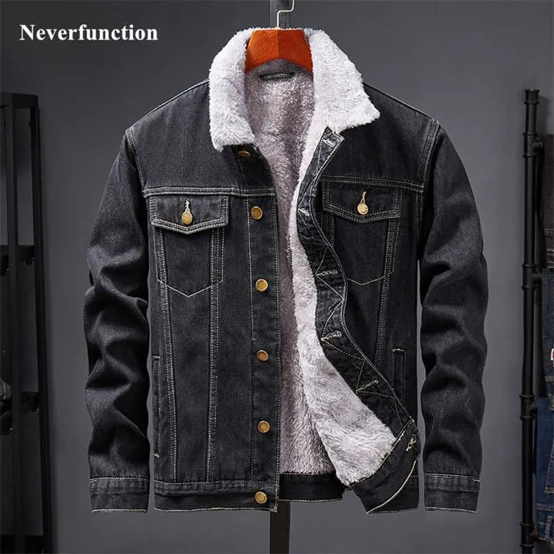 Streetwear Men Hiver Hiver Wool Velvet Dougleur Denim Vestes Man Simple Solid Casual Motorcycle Jeans Entrewear Coat 211217