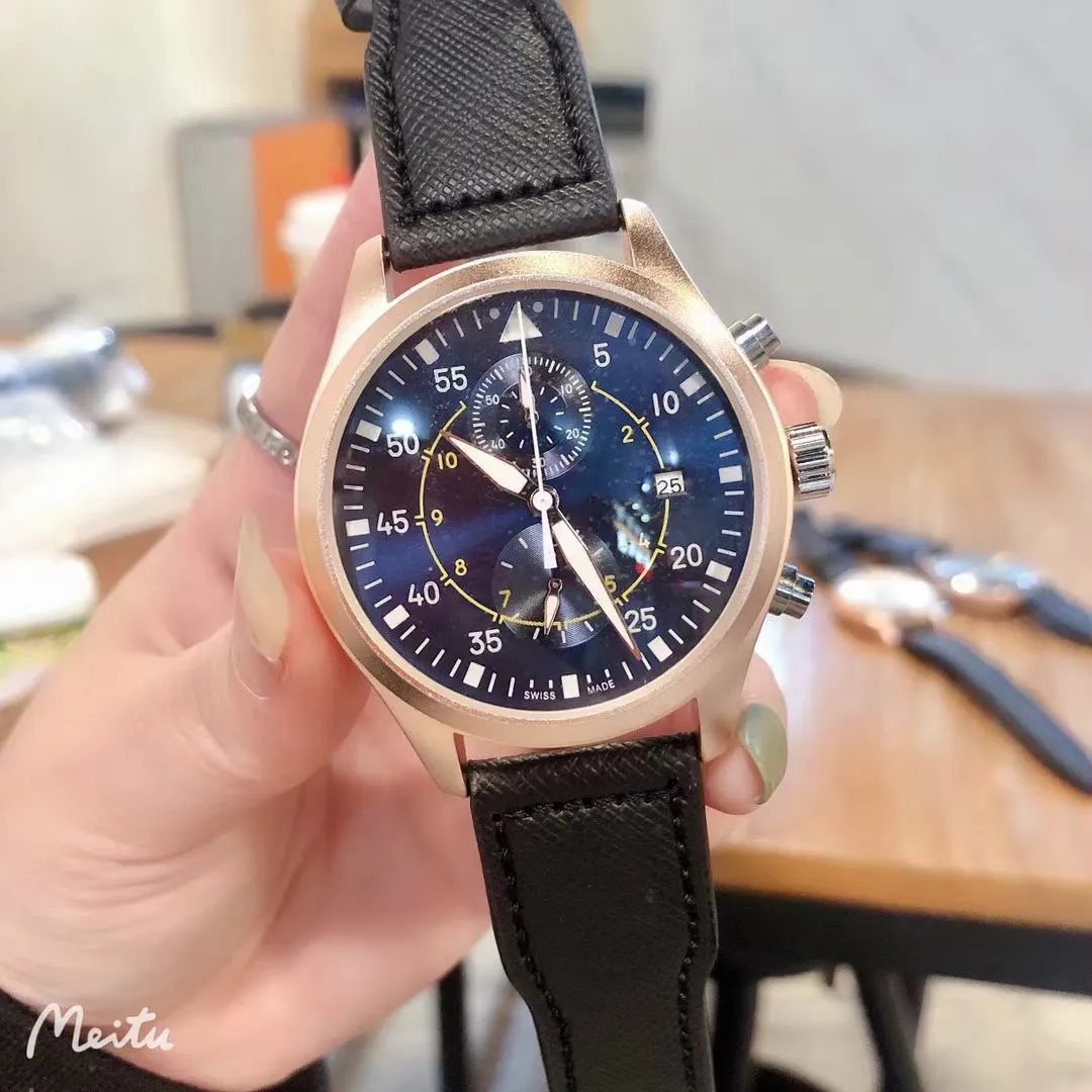 Yüksek Satış Erkek Saatleri Alt Kademe Çalışması Pilot İzle Kronograf Kuvars Hareketi Kronometre Deri Kayış Sıçrama Su Geçirmez Montre De Luxe Analog Kol Saati