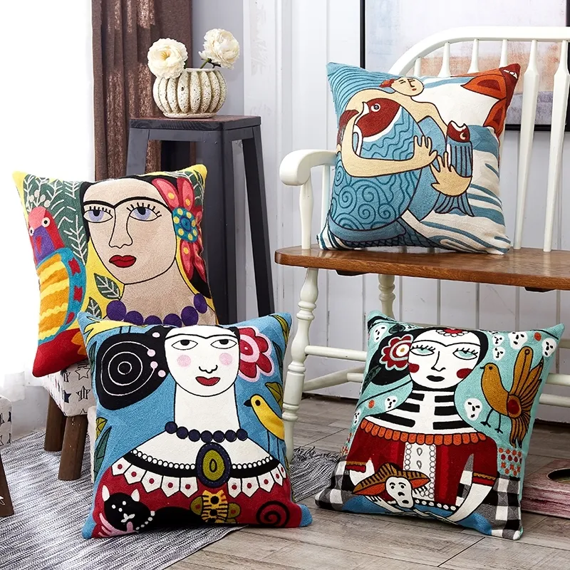 Wholesale Cotton Embroidery Pillow Cover Picasso Cushion Cover Home Decor Cushion Decorative PillowCase Pillow Sham 45cm 210315