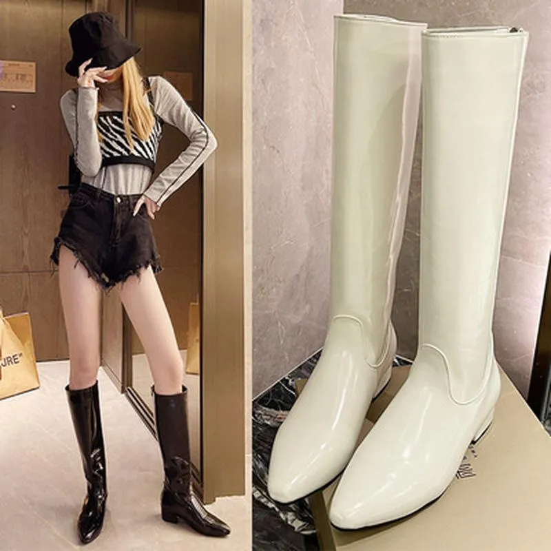 2021 High Boots 무릎 따뜻한 가을 겨울 PU 가죽 여성 신발 신발 뾰족한 발가락 패션 힐 여자 104