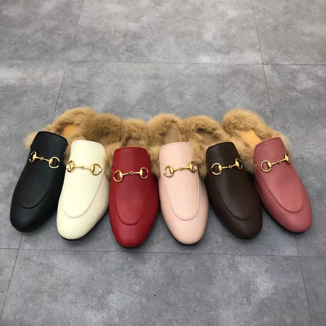 2022 Designer skor klassiker slipper 100% ull loafers muller slippes1 med spänne mode kvinnor sandaler damer casual päls lägenheter varma fötter tofflor med låda