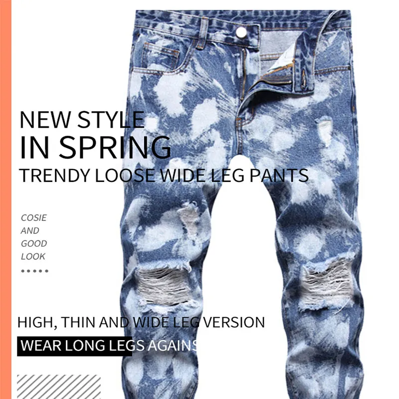 2021 New pattern Mens Straight jeans fashion Loose tie-dyed blue Medium waist leisure time Hip-pop denim pants