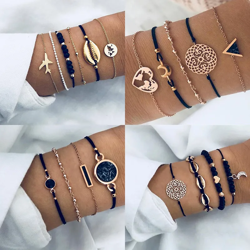 여자를위한 보헤미안 블랙 로프 체인 팔찌 세트 항공기 쉘 달 심장 크리스탈 매력 Bangle Boho 쥬얼리