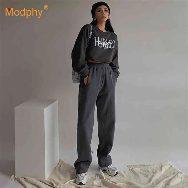 Mektup Baskı Kadınlar Için Zarif Set Hoodie Tişörtü ve Uzun Pantolon Moda Iki Parçalı Setleri Bayanlar Lace Up Kadın Kazak Takım Elbise 210527