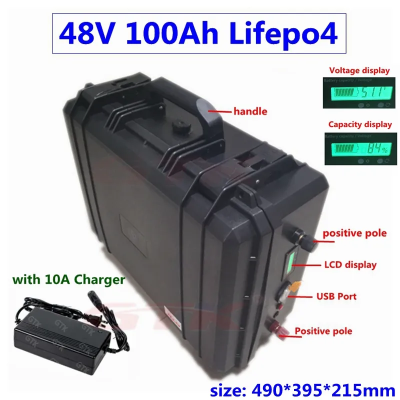 Vattentät IP67 48V 100AH ​​Lifepo4 Lithium Batteri BMS 16S för solsystem Inverter Trolling Motor Energy Storage RV + 10A laddare