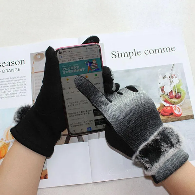 Gants à cinq doigts Gants tricotés en coton pour femmes, réparation de main élastique à écran tactile mince, fourrure noire et chaleur de printemps et d'automne1