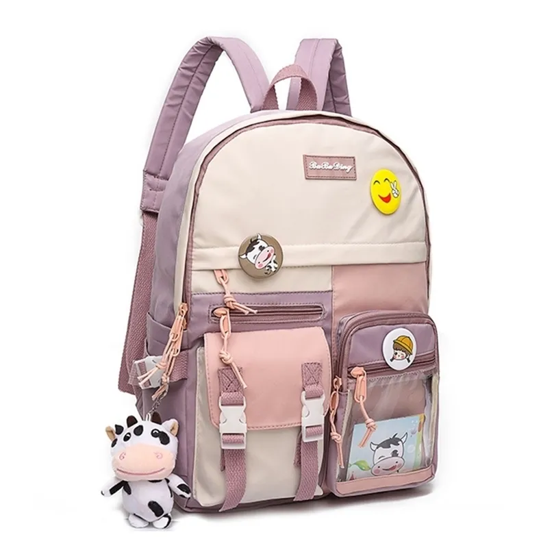 Korean Kawaii Pink Backpacks for Teenage Girls College Student Casual School Bag Ladies Bookbag Women Cute Panelled 211215