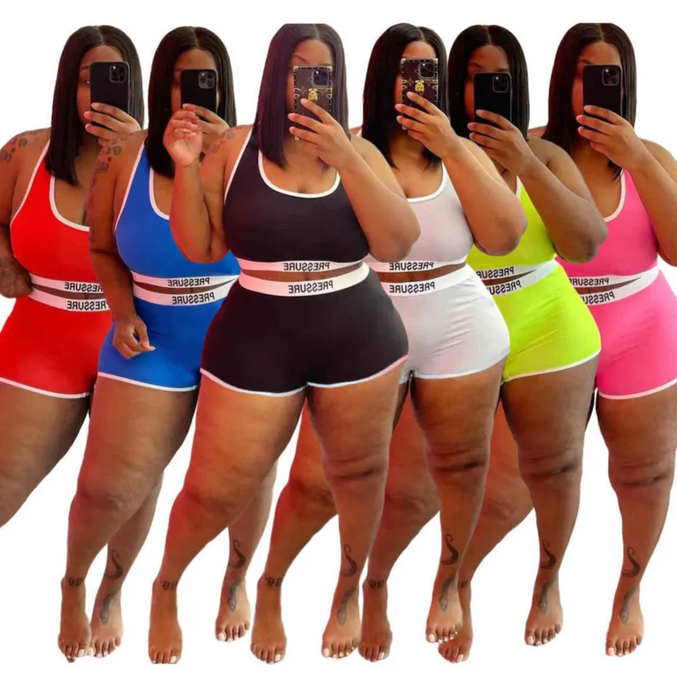 Solidny kolor Kobiety Dwa Piece Spodnie Swimsuit Stroje Letnie Projektant Moda Casual Sexy U Neck List Drukowane Kamizelki Spodenki Dwuczęściowe Zestawy XL-5XL 8506