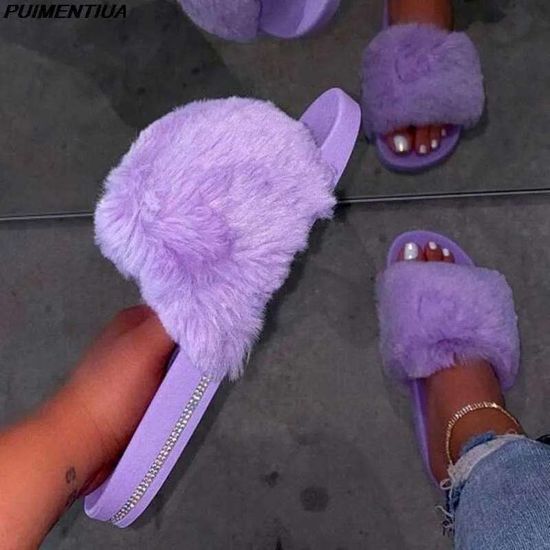 Puimentua Fur Slippers Женщины настоящие лисинки мех слайды домашние пушистые сандалии женщина милые пушистые туфли для дома женщина бренд роскошь 2020 Y0902