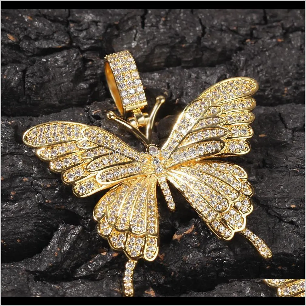 18K Gold & White Gold Full CZ Cubic Zirconia Blingbling Butterfly Pendant Necklace Hiphop Iced Diamond Rapper Jewelry for Men & Women