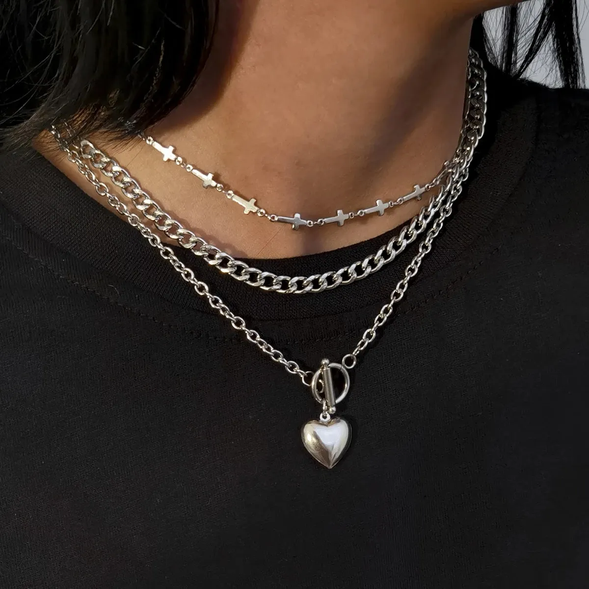 Multilayer Punk Stainless Steel Choker Necklace for Women Men Cross Jesus Chain Necklaces Vintage Heart Pendant Jewelry