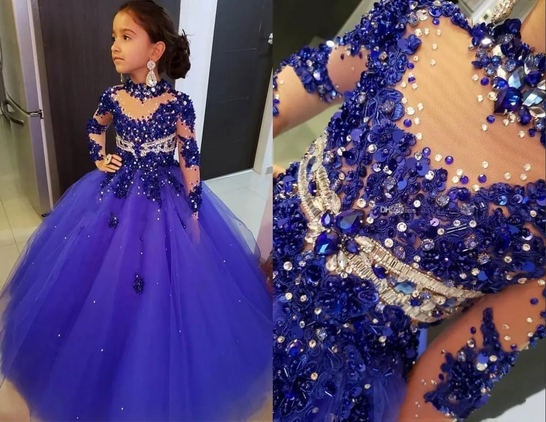 Luxuriöses königsblaues Festzugskleid für kleine Mädchen in Übergröße mit langen Ärmeln und Kristallperlen und Stehkragen für Kinder, abgestuftes Tüll-Geburtstagsparty-Kleid nach Maß