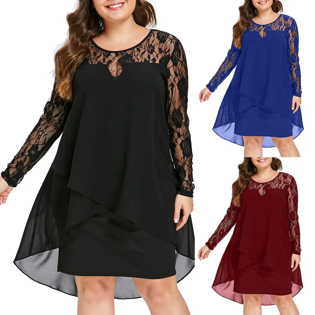 Femmes Automne Solide Robe Plus La Taille Robe Sheer Dentelle Patchwork À Manches Longues Haut Bas Ourlet O-cou Robe Casual robes de soirée S-5XL 210309