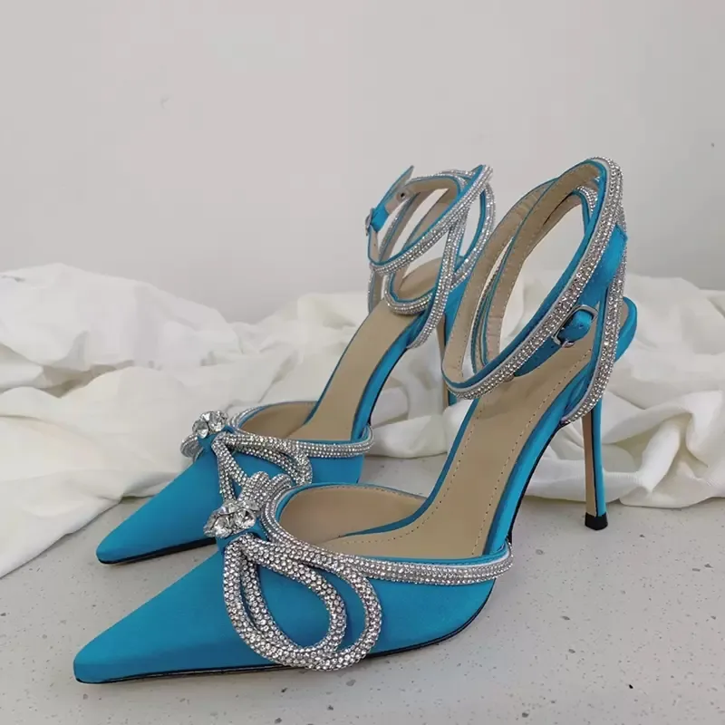 2022s Newst women shoes sale Runway style Glitter Rhinestones Women Pumps bowknot Satin Summer Lady Shoes Genuine leather High heels Party Prom Shoes