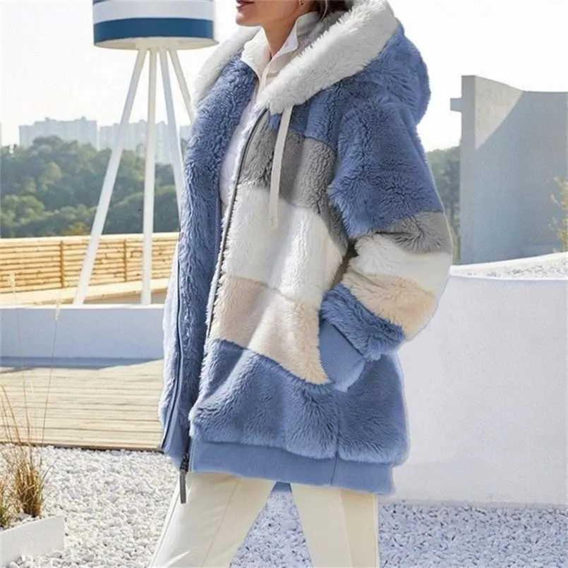 Blouson Hiver Pour Femme Autumn and Winter Warm Women's Plush Patchwork Zippered Pocket Hooded Loose Female Coat 211126