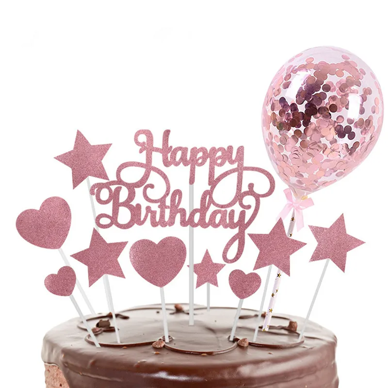 Rorchio 15PCS Déco Gâteau Anniversaire Or Rose Happy Birthday Cake Toppers  Rose Gold Patisserie Accessoire avec Mini Ballon pour Décoration Gâteau