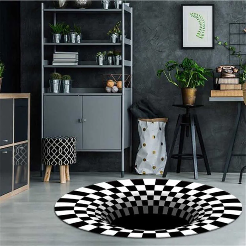 Vortex Illusion Rug Bottomless Carpet Round Black White Grid 3D